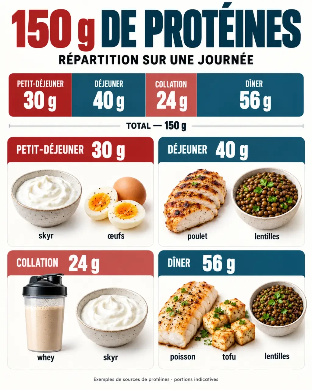 Infographie pour comprendre comment manger 150 g de protéine par jour avec une répartition des repas