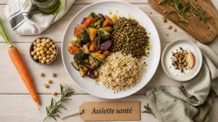 Aliment bon pour la santé : assiette équilibrée, fibres et légumes