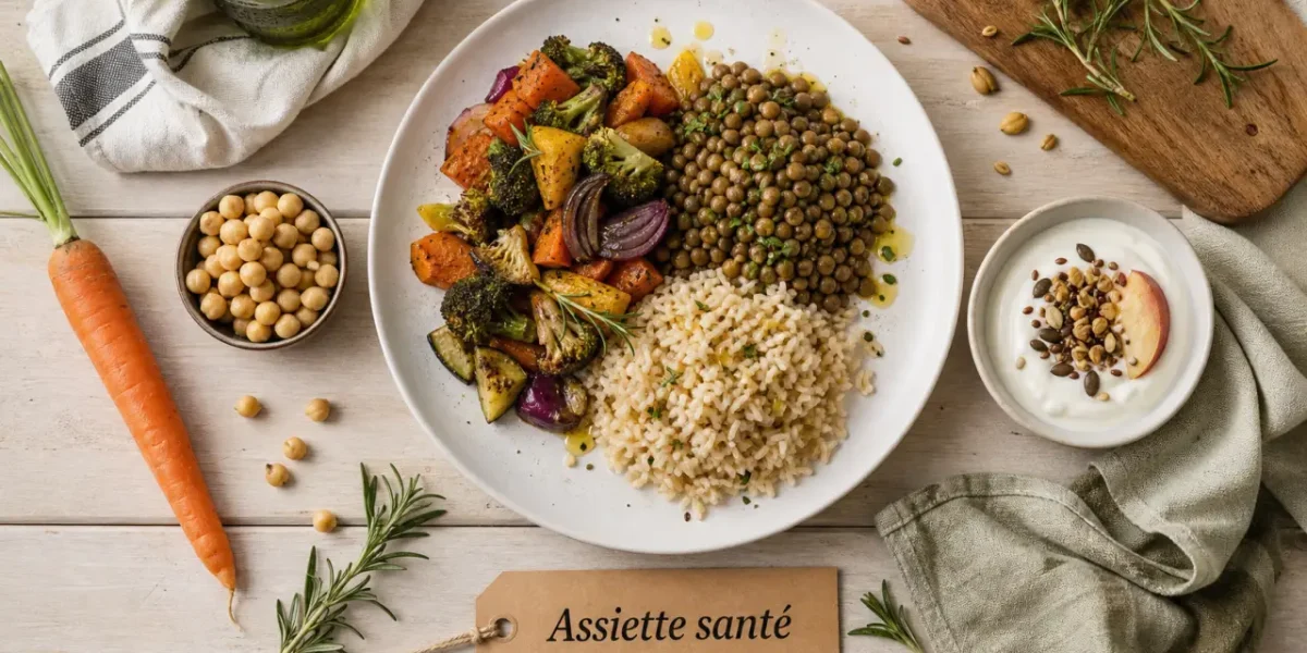 Aliment bon pour la santé : assiette équilibrée, fibres et légumes