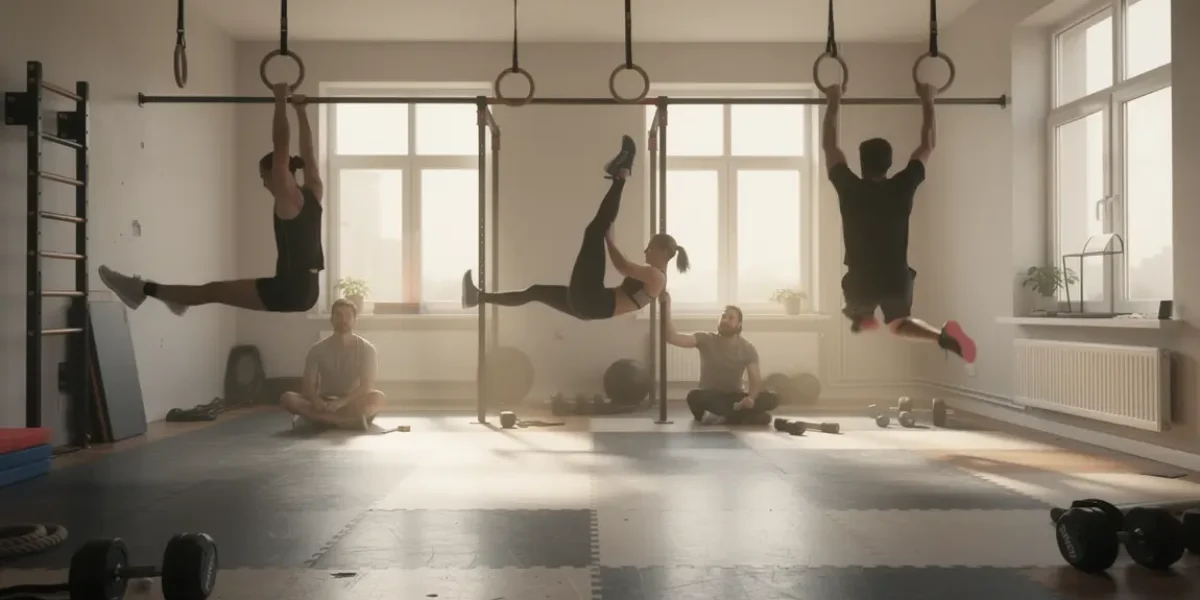 Salle avec anneaux de gymnastique, scène calisthenics