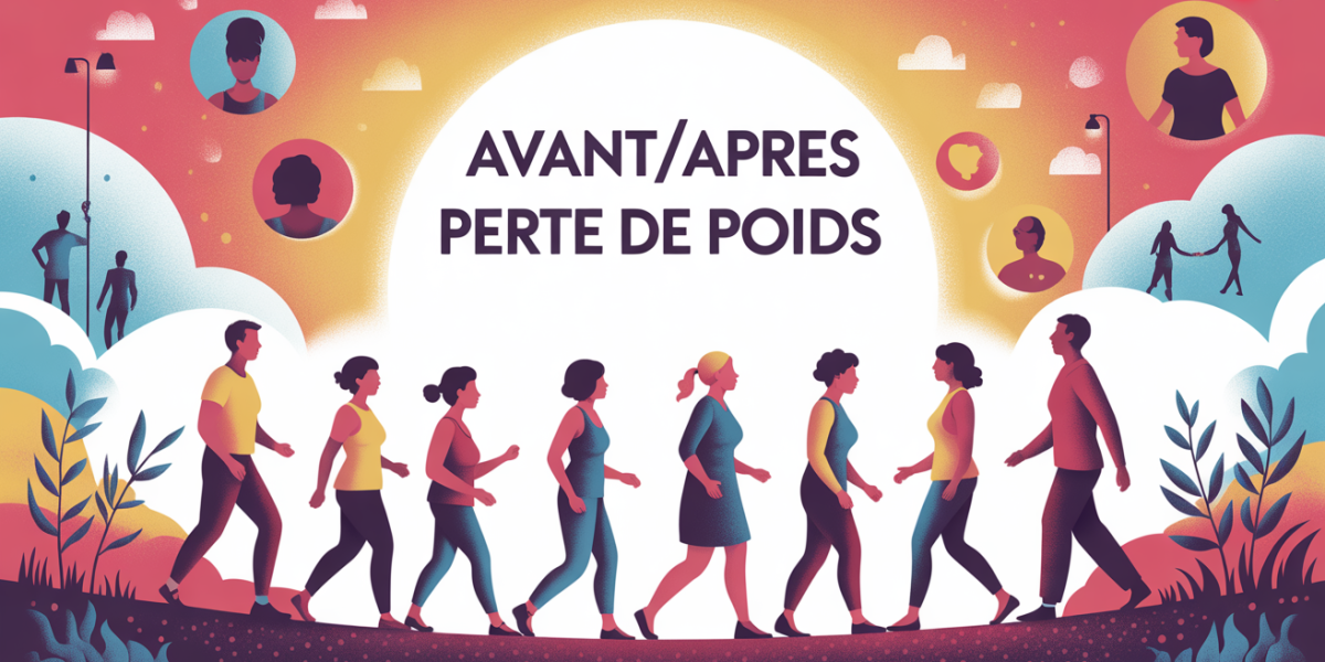 Illustration silhouettes cheminent confiance avant apres perte de poids