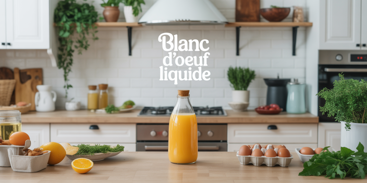 blanc d'œuf liquide en bouteille sur plan de travail
