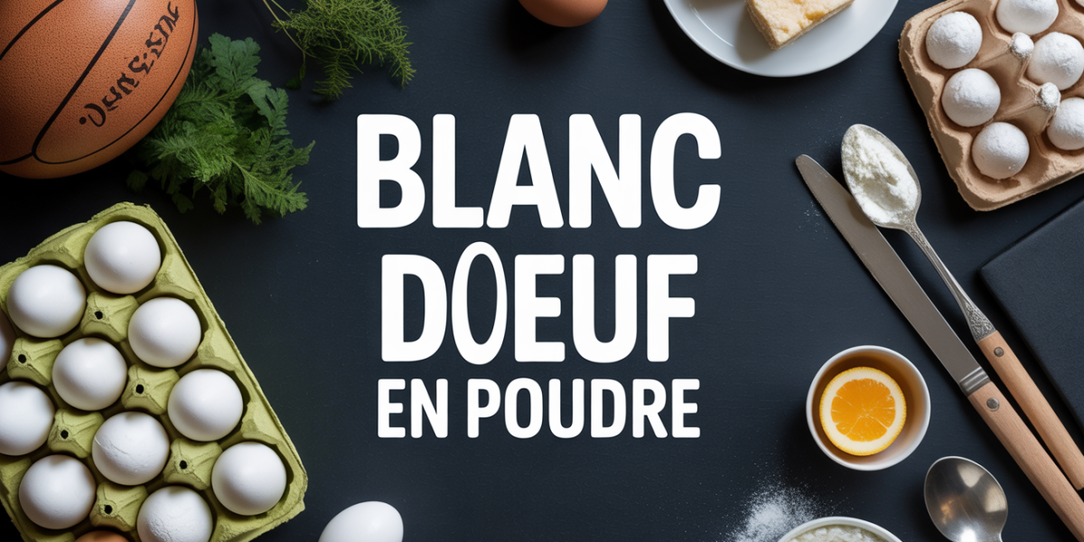 Boîte de blanc d œuf en poudre sur cuisine avec accessoires sport et pâtisserie