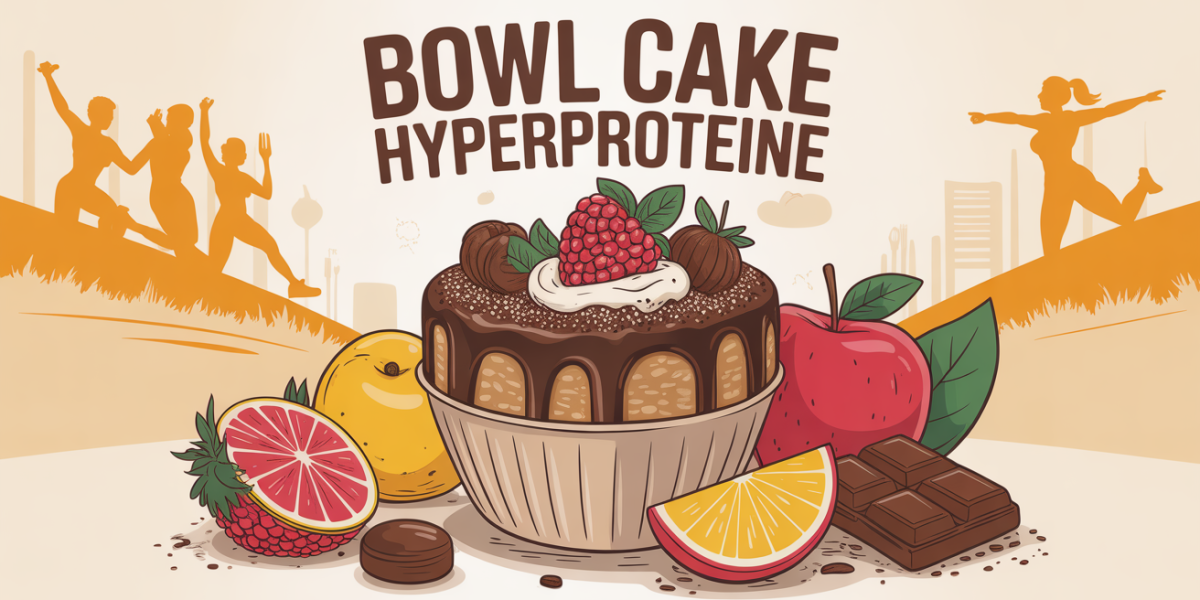 Bowl cake hyperprotéiné avec fruits, avoine et chocolat, ambiance matin sportive