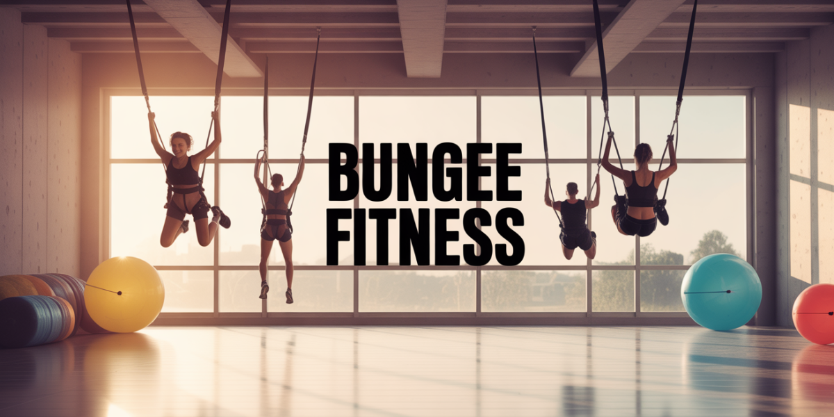 Salle de bungee fitness avec participants en harnais sautant et souriant