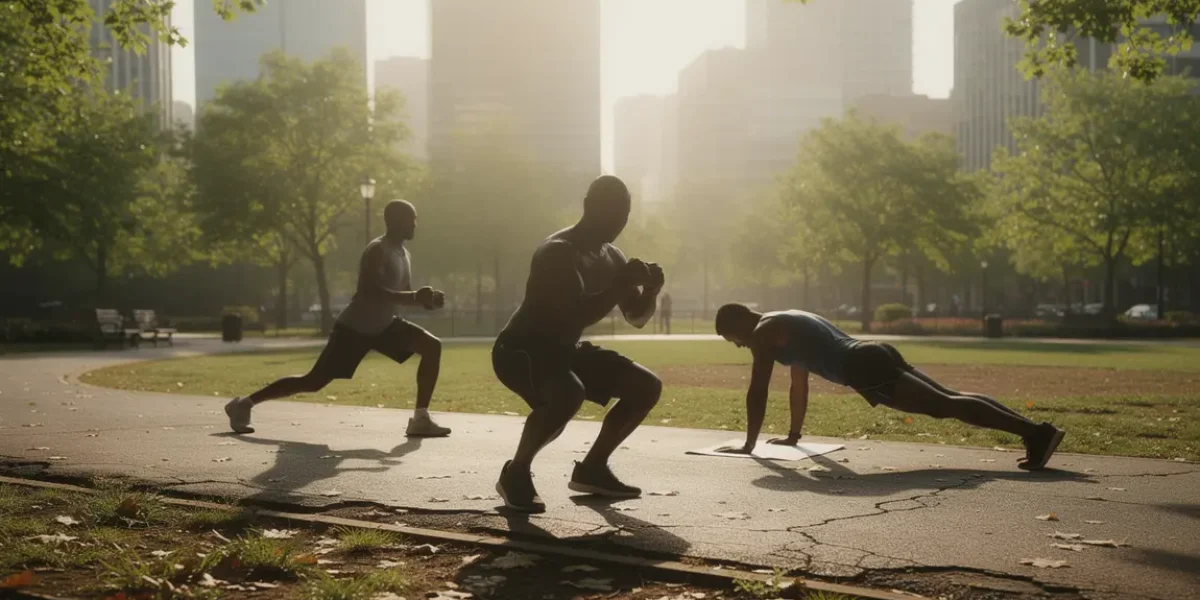 Groupe faisant calisthenics équilibre coordination squat planche fente parc
