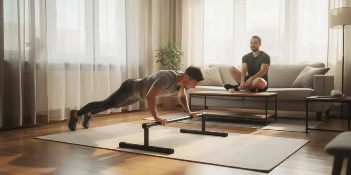 Exercices calisthenics sur parallettes en salon lumineux
