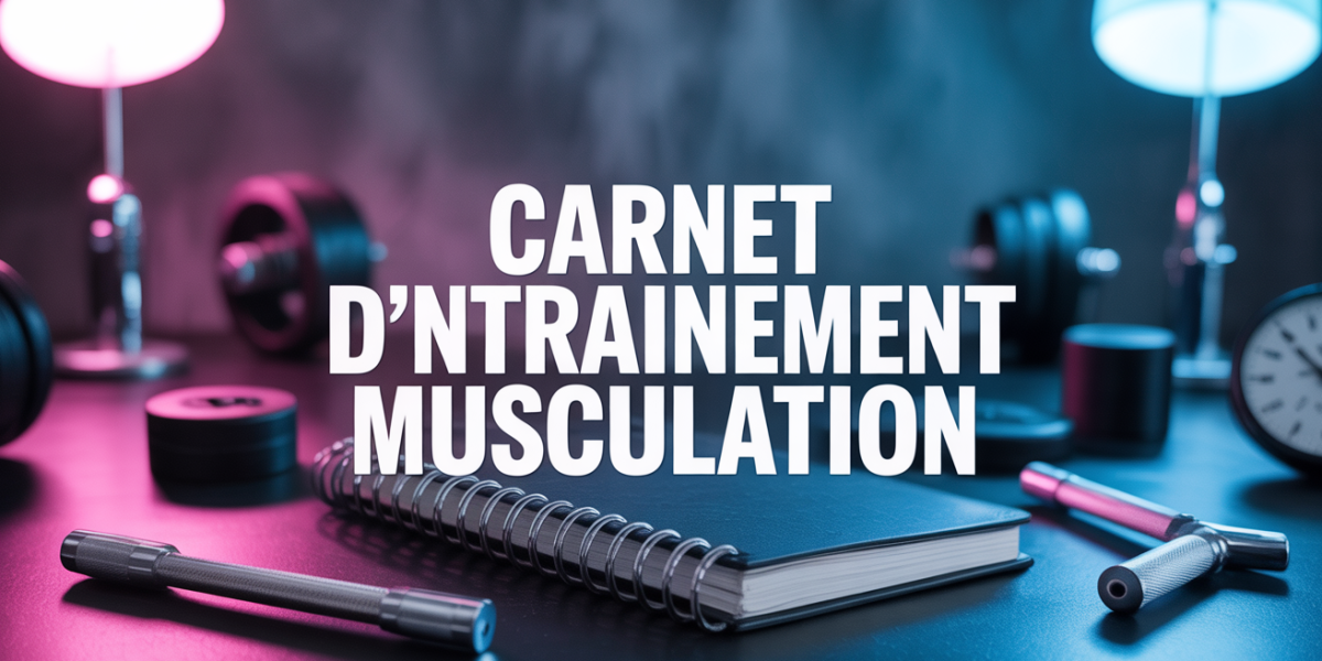carnet d'entraînement musculation stylisé sur table avec haltères et chrono