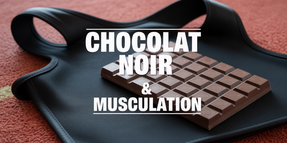 Tablette de chocolat noir et haltère sur tapis de sport