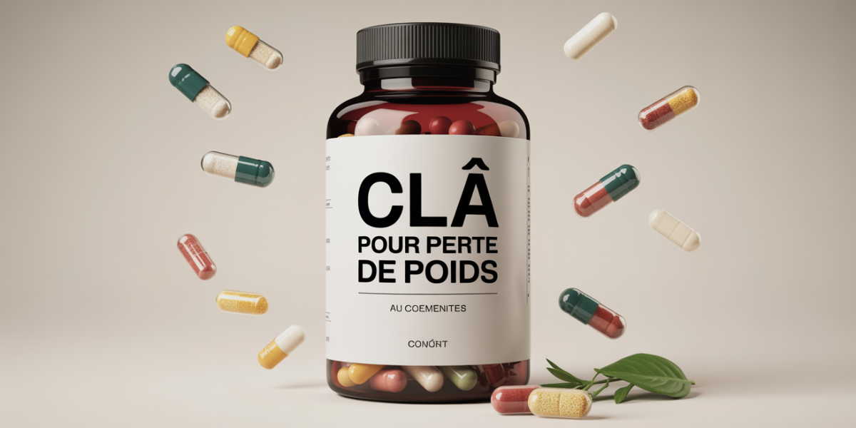 Illustration stylisée CLA perte de poids, boîte et gélules