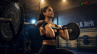 Clean and jerk crossfit : athlète réception barre en front rack, box CrossFit