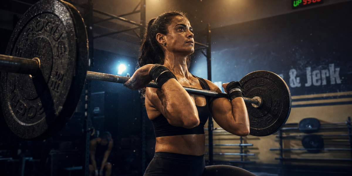Clean and jerk crossfit : athlète réception barre en front rack, box CrossFit