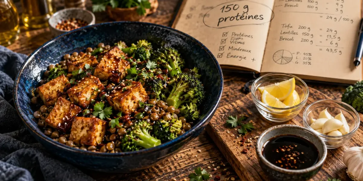 Comment manger 150 g de protéine par jour : bol tofu et lentilles, menu sans shakers