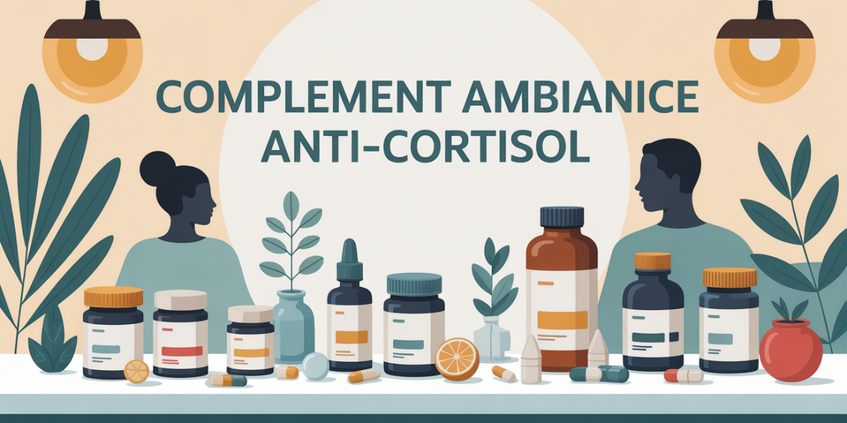 Table de pharmacie moderne, compléments alimentaires anti-cortisol, ambiance bien-être