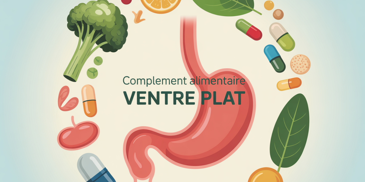 illustration ventre plat et digestion avec vegetaux et capsules