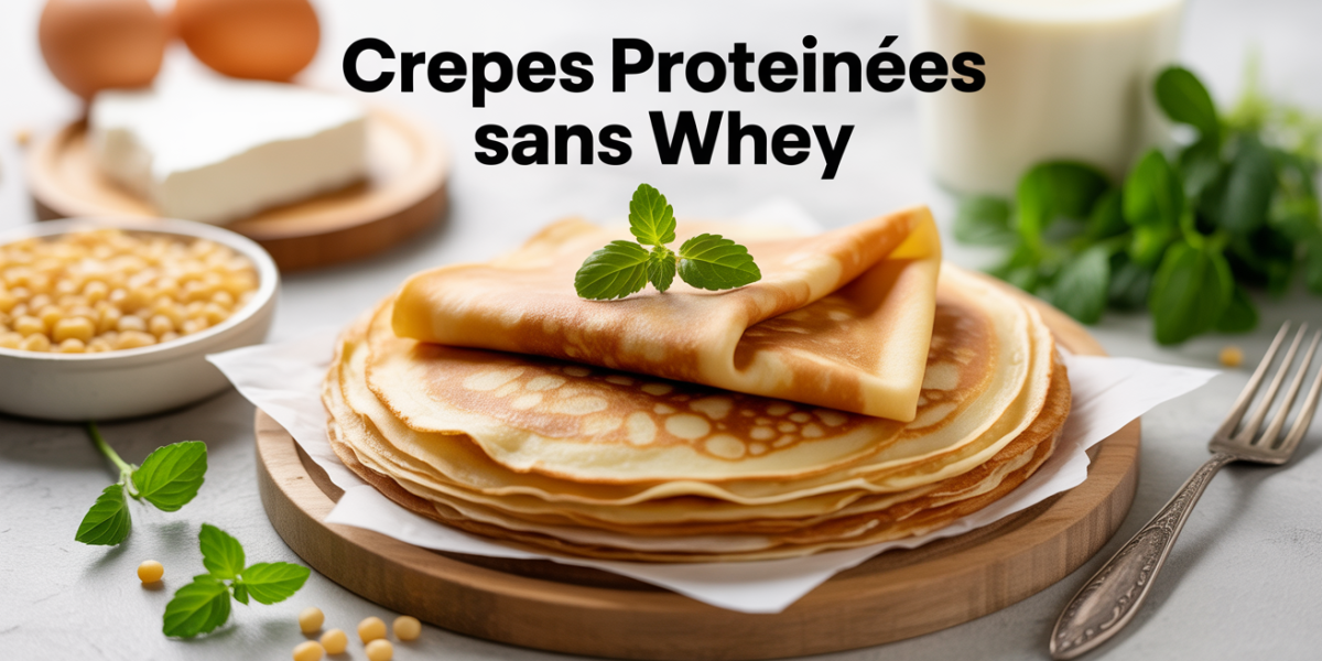 Pile de crepes proteinees sans whey, ingrédients naturels autour