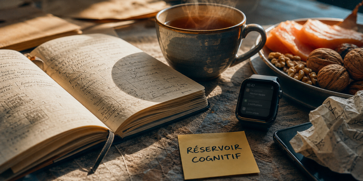 Épuisement mental : retrouver de l énergie mentale et clarté, carnet et notifications sur écran