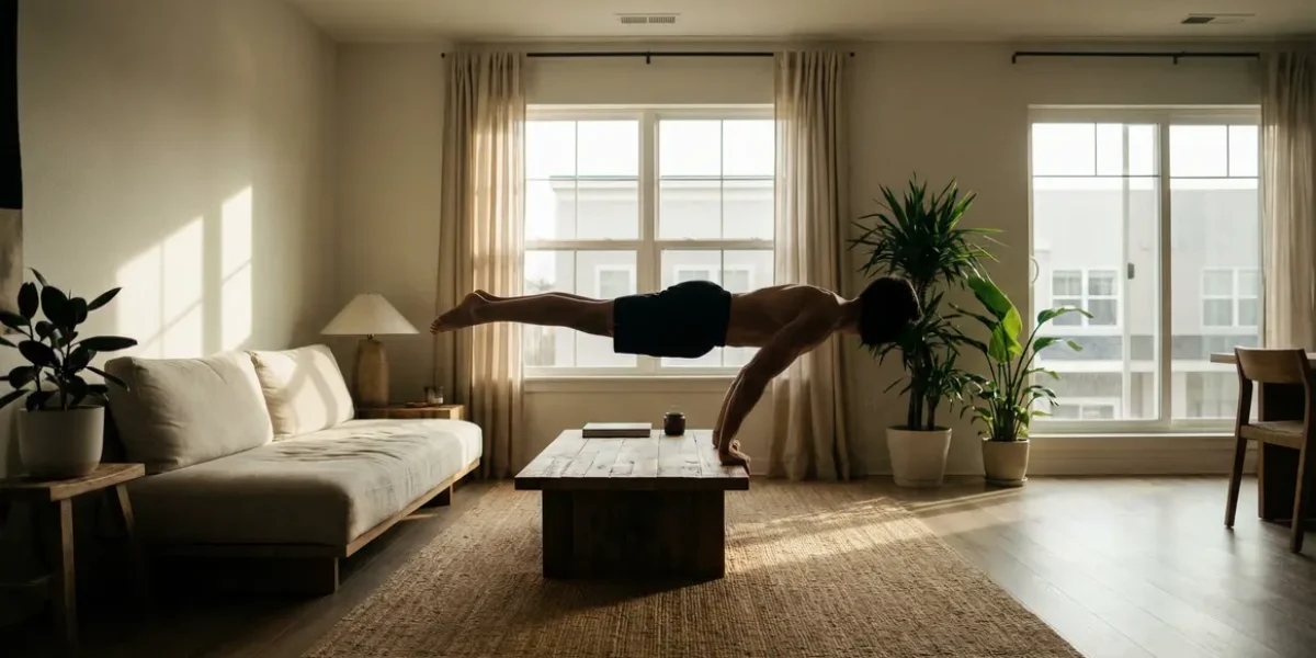 Posture calisthenics droite dos plat dans salon