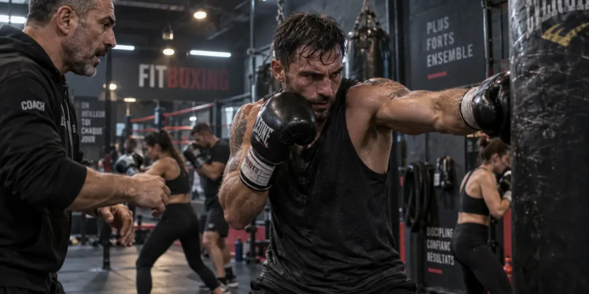 Fitboxing : personne frappe un sac de frappe avec coach