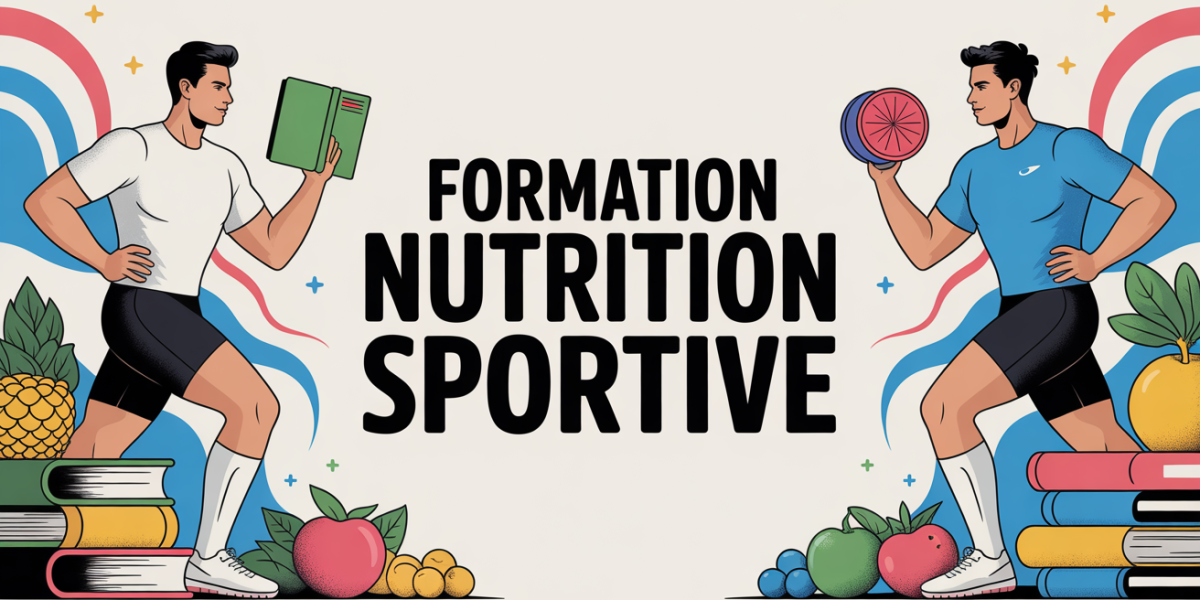 Coach et sportif avec livres, haltères, fruits, texte formation nutrition sportive