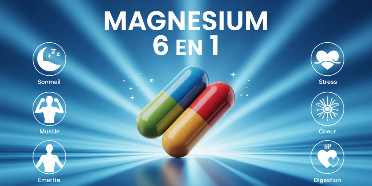 comprime magnesium 6 en 1 sur fond bleu avec pictogrammes bienfaits