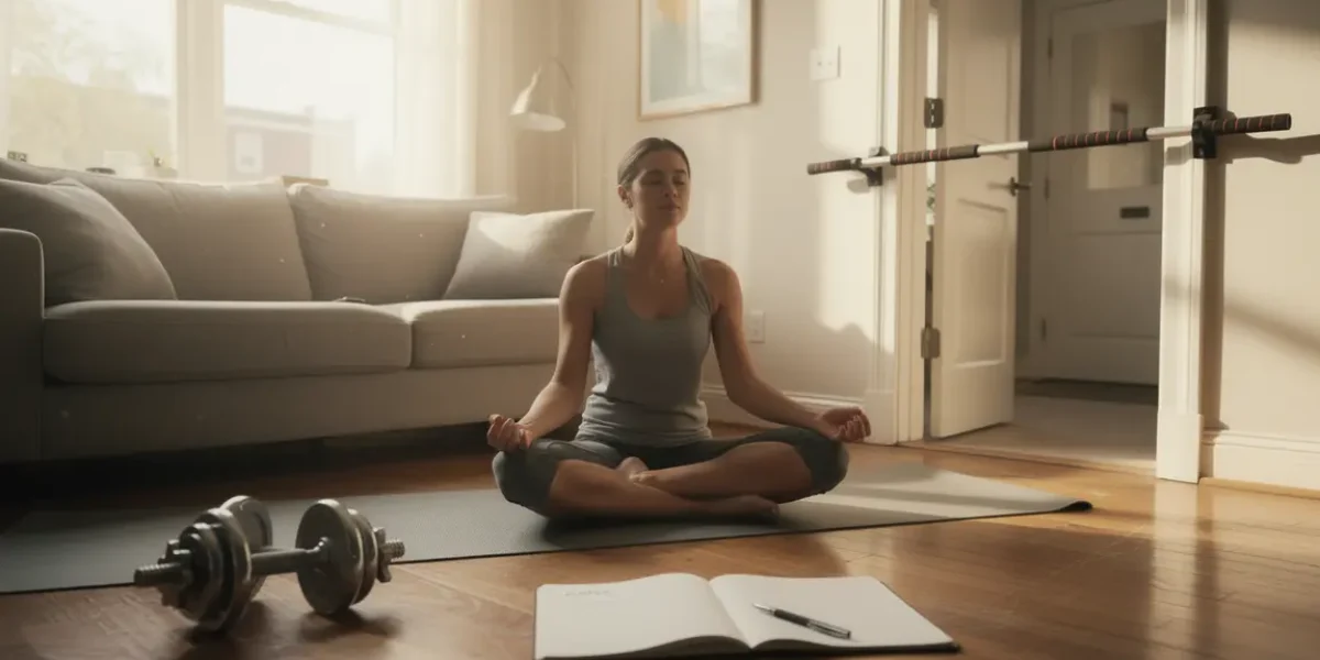 Adulte en meditation calisthenics, energie et equilibre dans salon lumineux