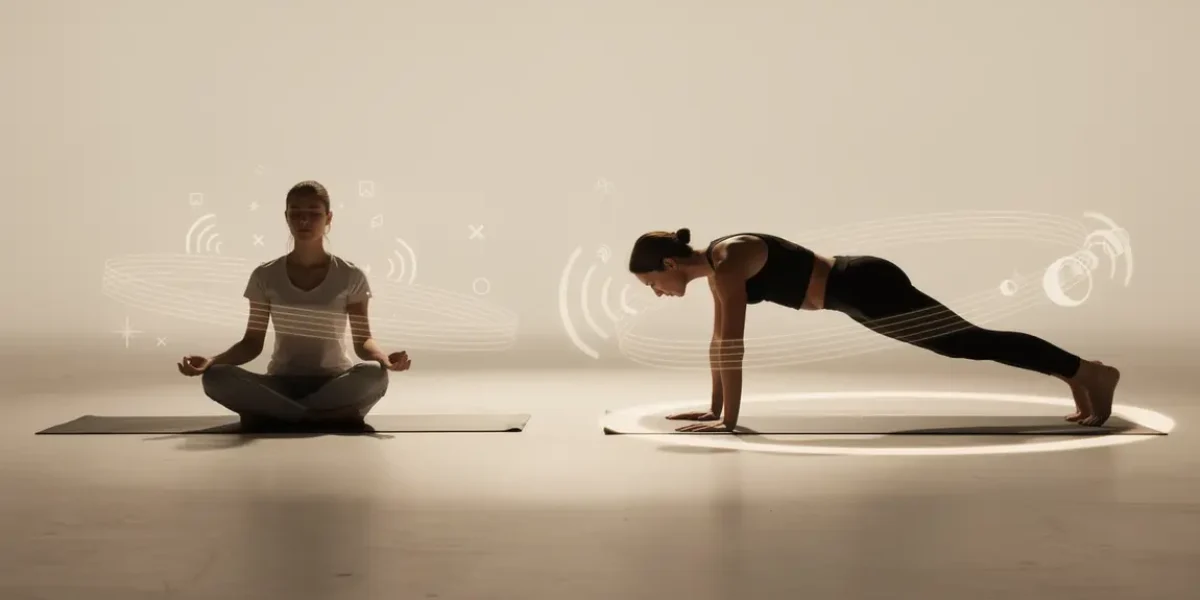 Deux silhouettes meditation et planche sur fond lumineux, symboles respiration et mouvement