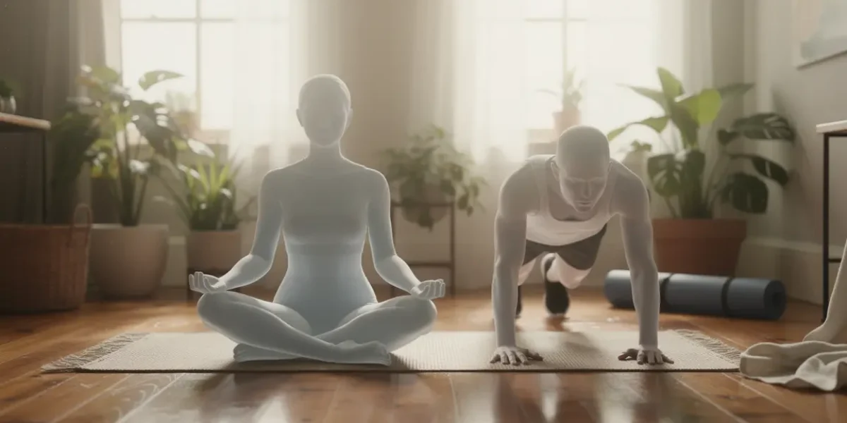 Méditation assise et calisthenics pompe dans appartement moderne