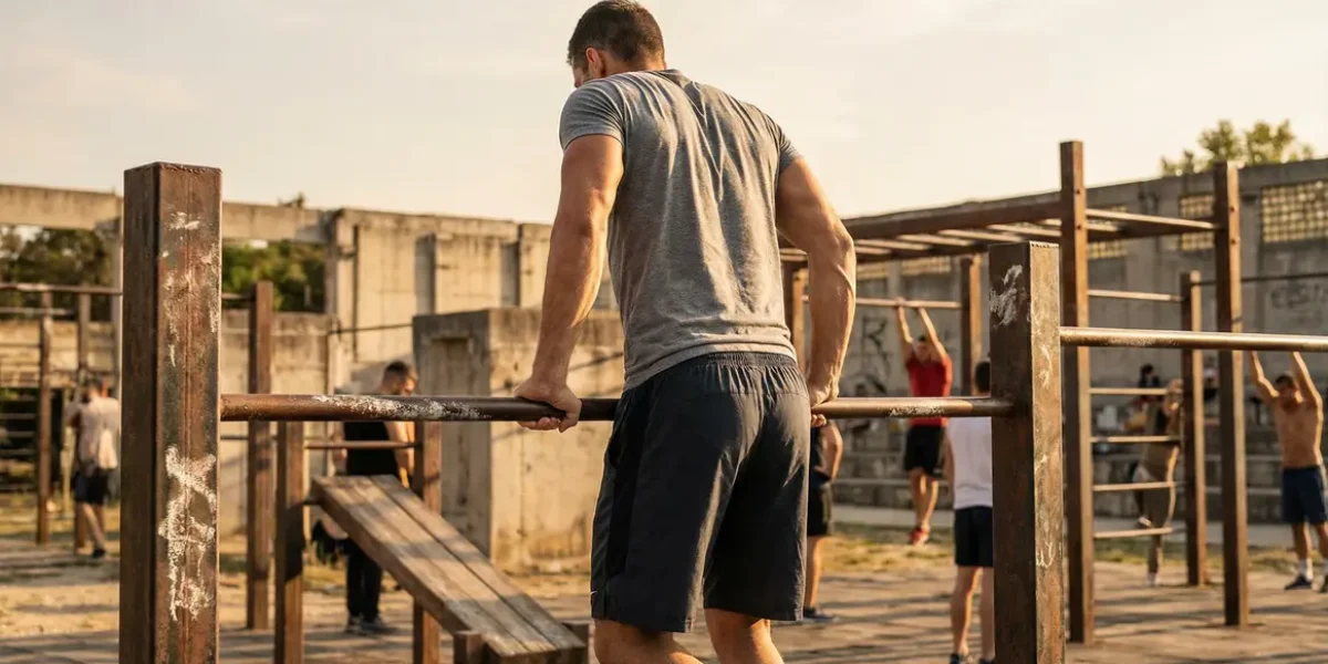 Adulte effectuant muscle up calisthenics sur barre fixe