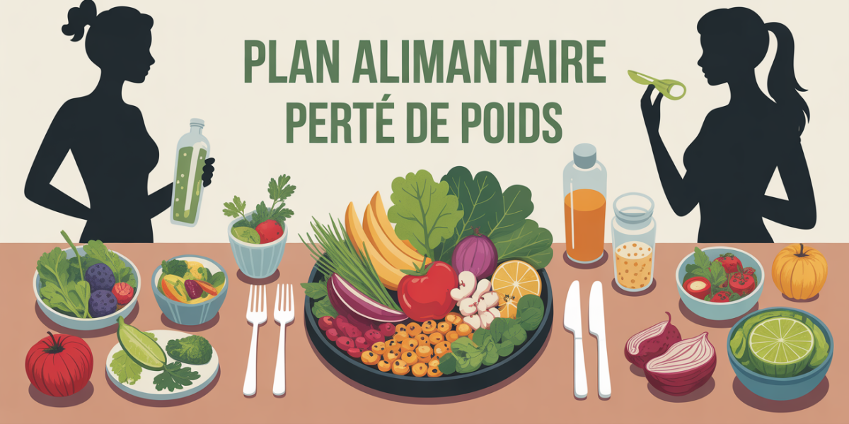 plan alimentaire pour perte de poids, assiette équilibrée, table stylisée