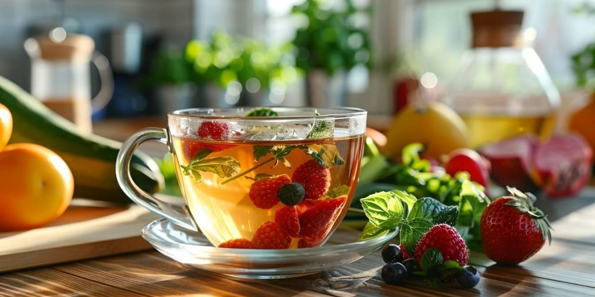 thé minceur brûle-graisse : tasse de thé vert brûle-graisse avec plantes naturelles en arrière-plan